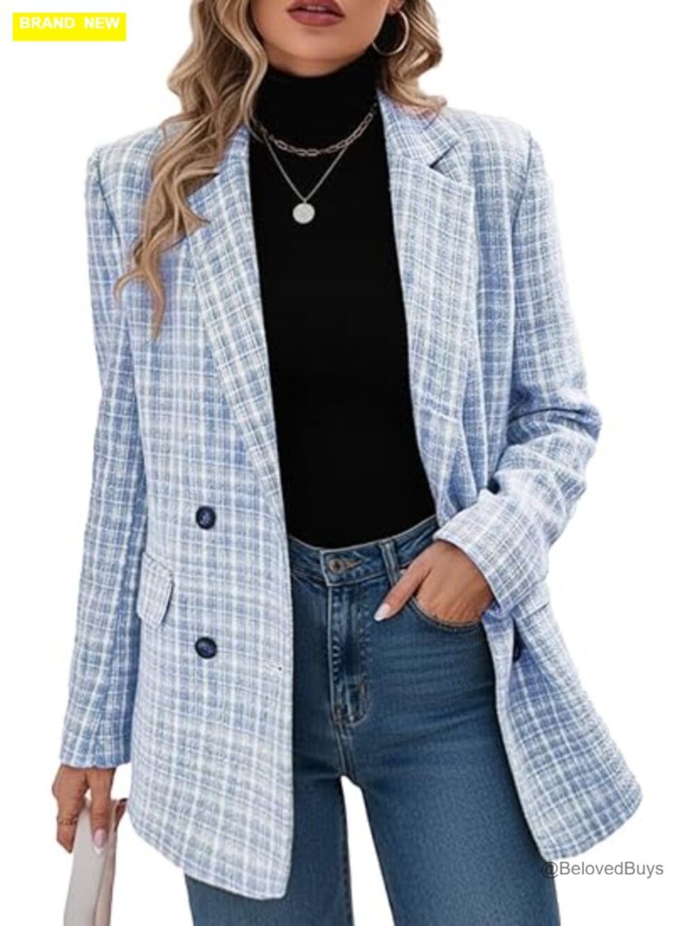 Women's Plaid Tweed Blazer Open Front Long Sleeve with Pockets Business Casual